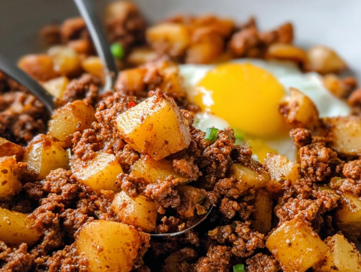 Close-up of seasoned ground beef and diced potatoes in a Ground Beef and Potato Hash Skillet, topped with a sunny-side-up egg.