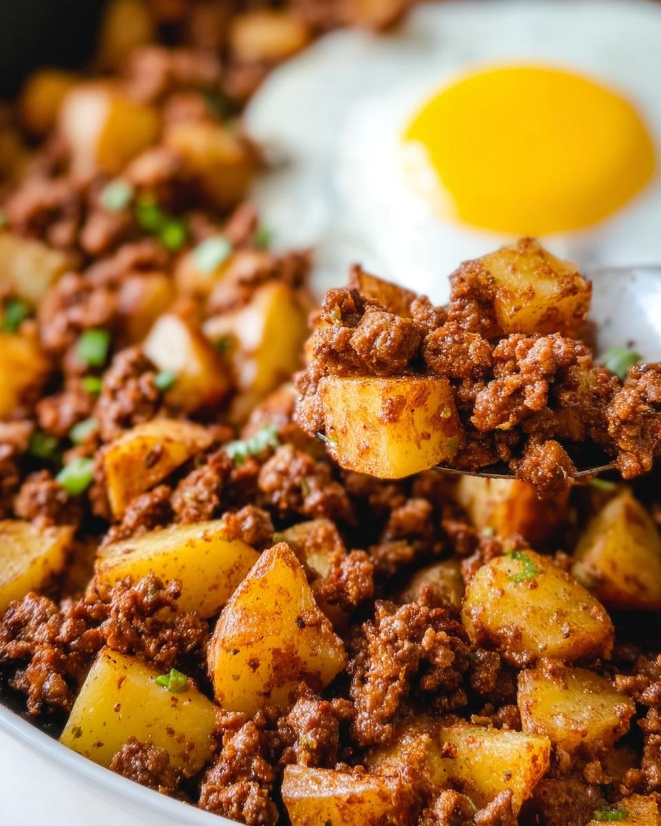 Close-up of a spoonful of seasoned Ground Beef and Potato Hash Skillet, with a fried egg in the background.