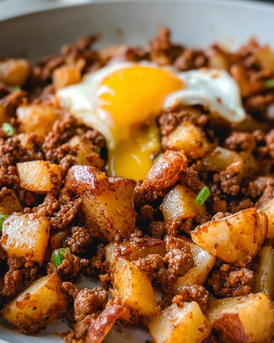 Close-up of a hearty Ground Beef and Potato Hash Skillet topped with a sunny-side-up egg with a runny yolk.