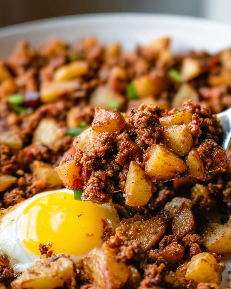Close-up of a spoonful of seasoned Ground Beef and Potato Hash Skillet being lifted above a sunny-side-up egg.