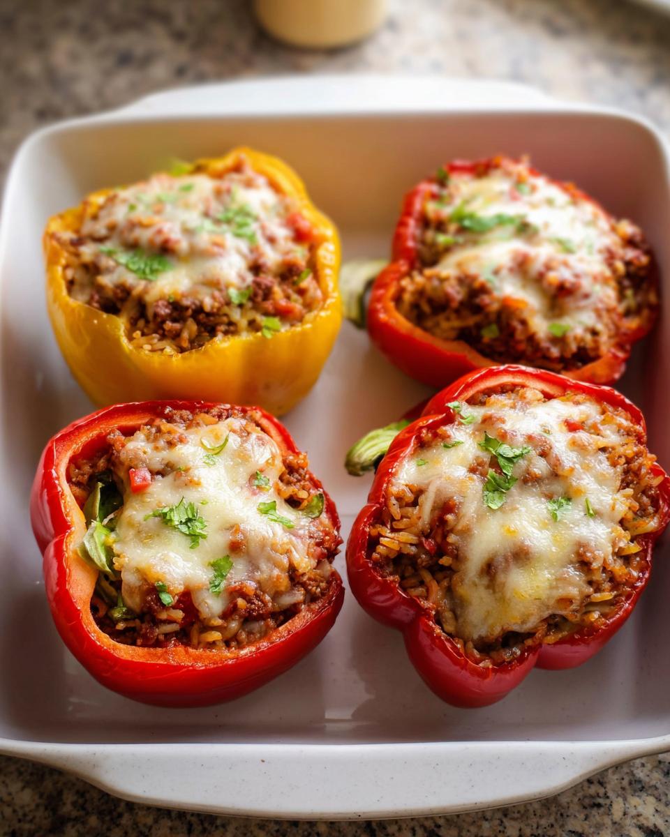 Four baked Ground Beef Stuffed Bell Peppers, two red and one yellow, topped with melted white cheese and parsley.