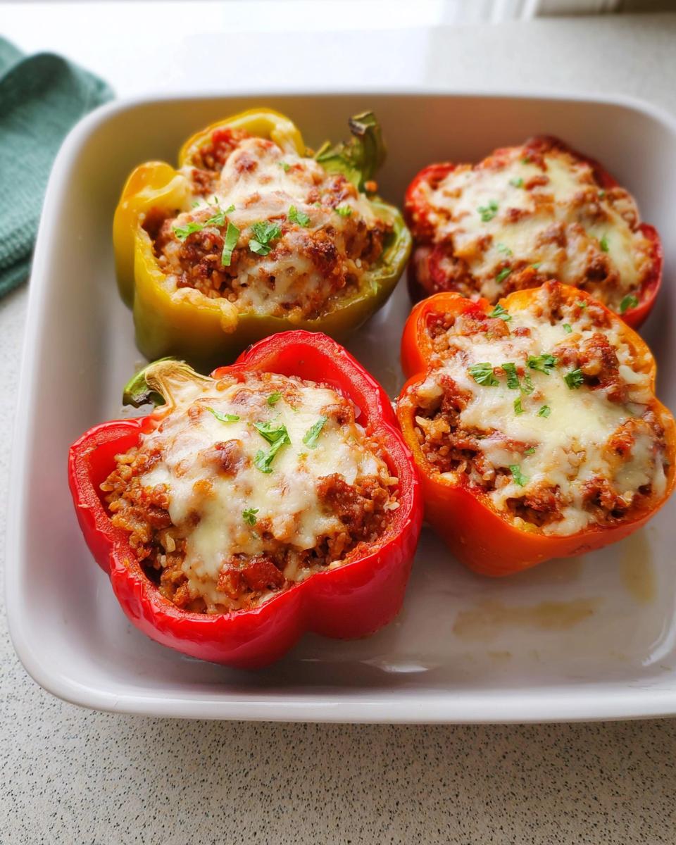 Four colorful Ground Beef Stuffed Bell Peppers baked in a white dish, topped with melted cheese and parsley.