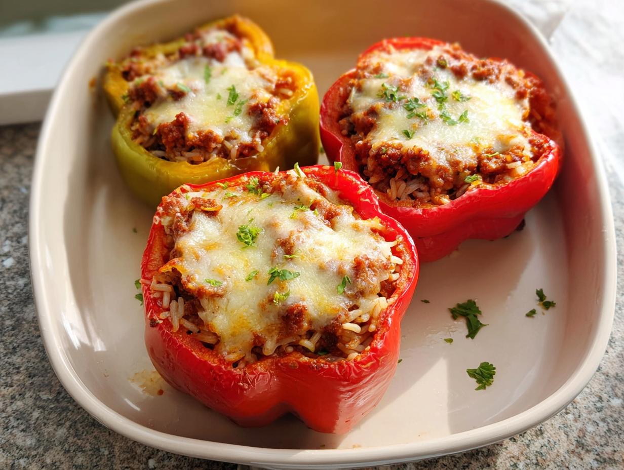 Three baked Ground Beef Stuffed Bell Peppers, one yellow and two red, topped with melted cheese and parsley.