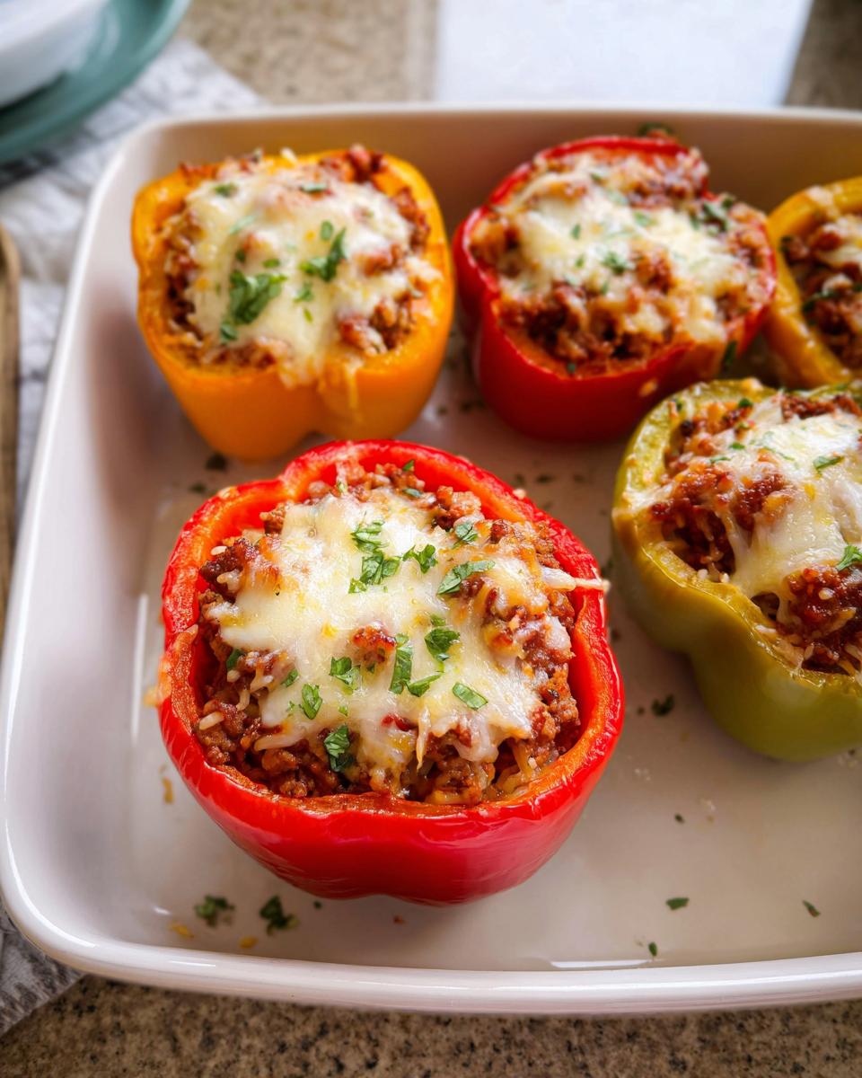 Four colorful Ground Beef Stuffed Bell Peppers topped with melted cheese and parsley in a white baking dish.