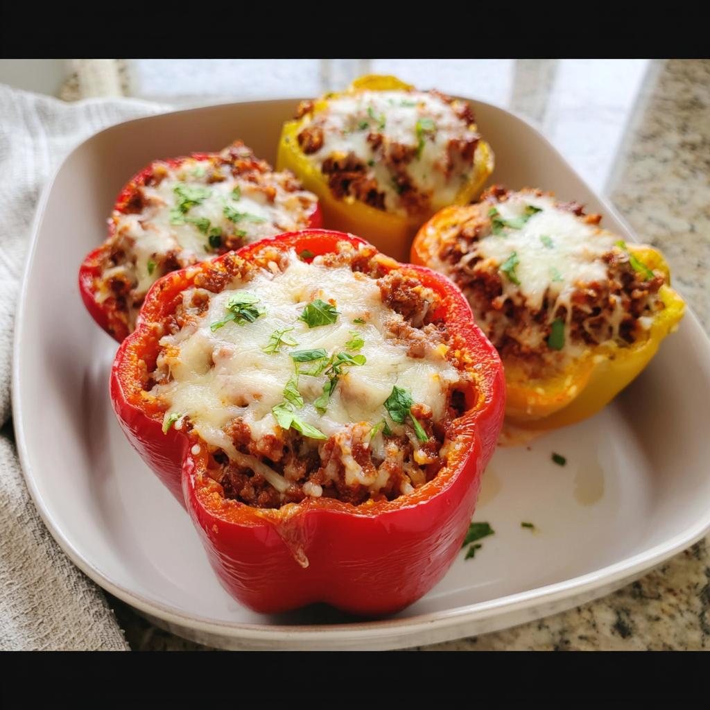 Four colorful Ground Beef Stuffed Bell Peppers, topped with melted cheese and fresh parsley, served on a white platter.