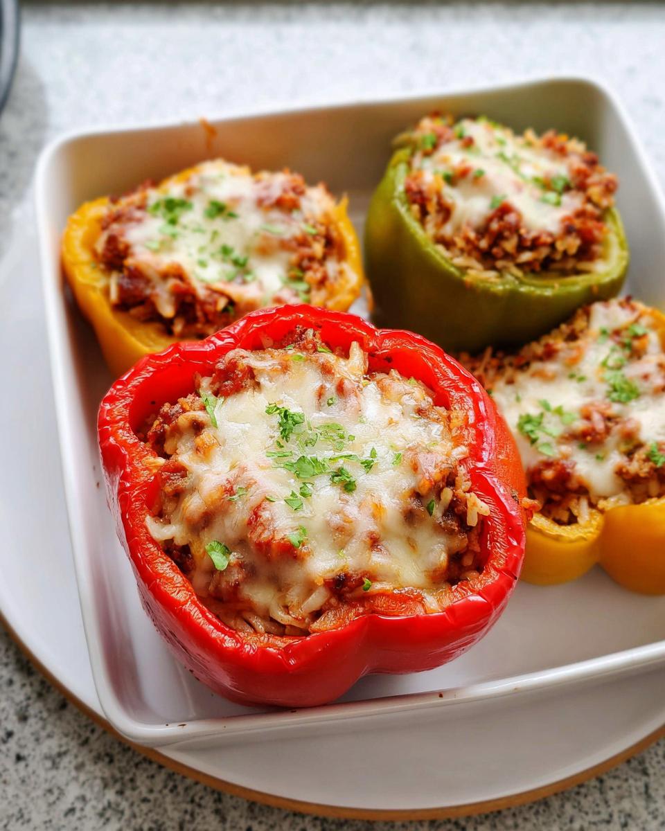 Four baked Ground Beef Stuffed Bell Peppers (red, yellow, green) topped with melted cheese and parsley.