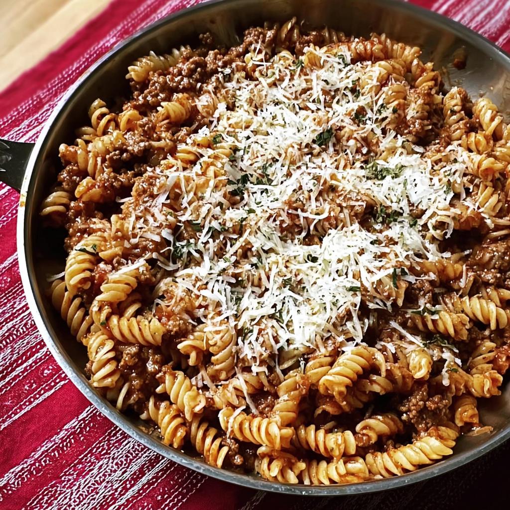 A stainless steel skillet filled with rotini pasta tossed in a rich sauce with ground turkey, topped generously with shredded Parmesan cheese.