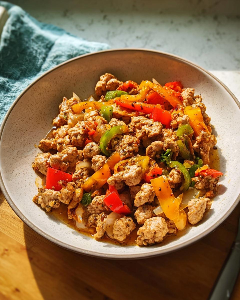 A bowl of seasoned ground turkey mixed with colorful sautéed bell peppers and onions, one of The Best Ground Turkey Recipes.