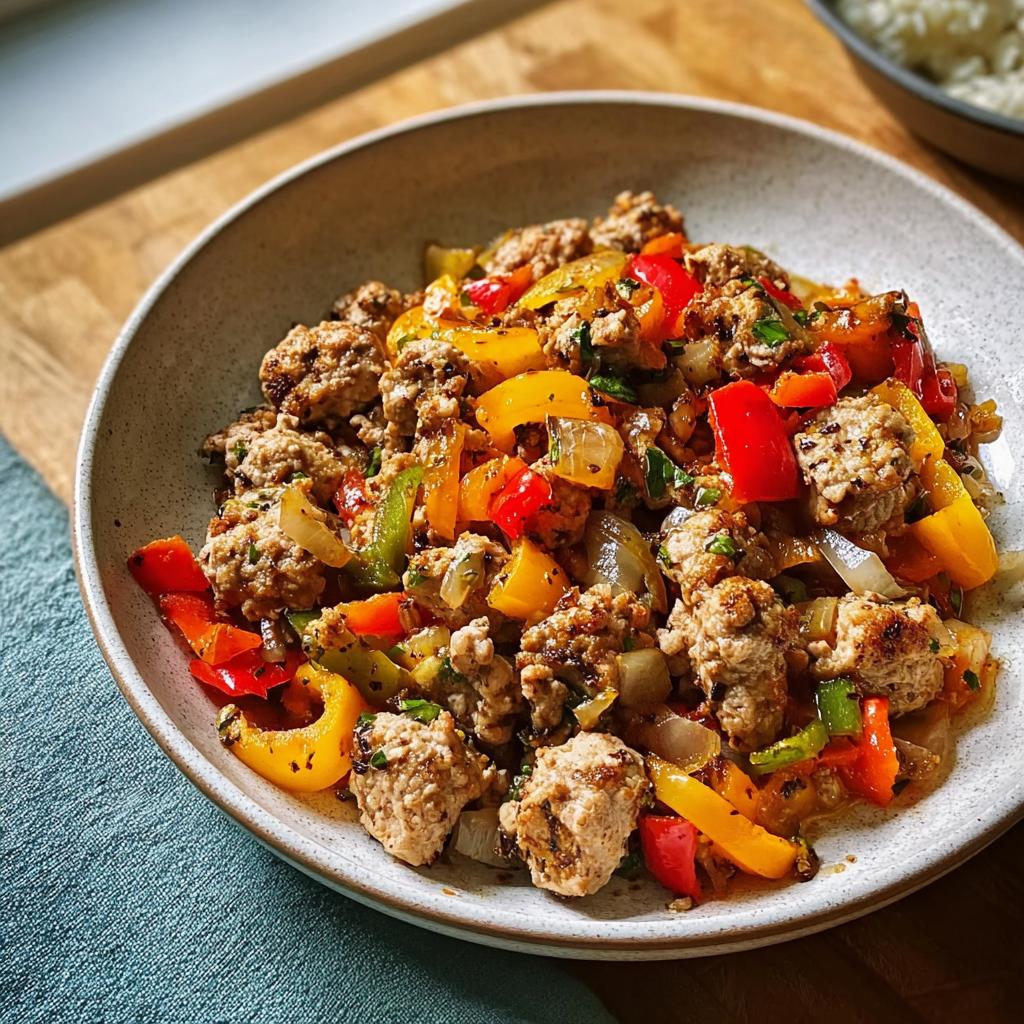 A close-up of a savory skillet meal featuring browned ground turkey mixed with colorful sautéed bell peppers and onions.