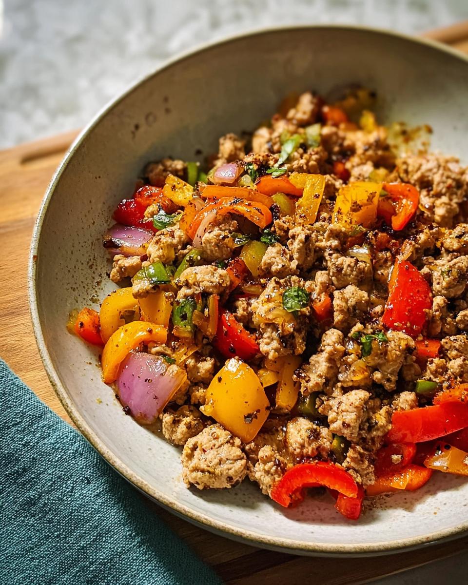 A bowl of seasoned ground turkey mixed with sautéed red, yellow, and purple onions and bell peppers, one of The Best Ground Turkey Recipes.