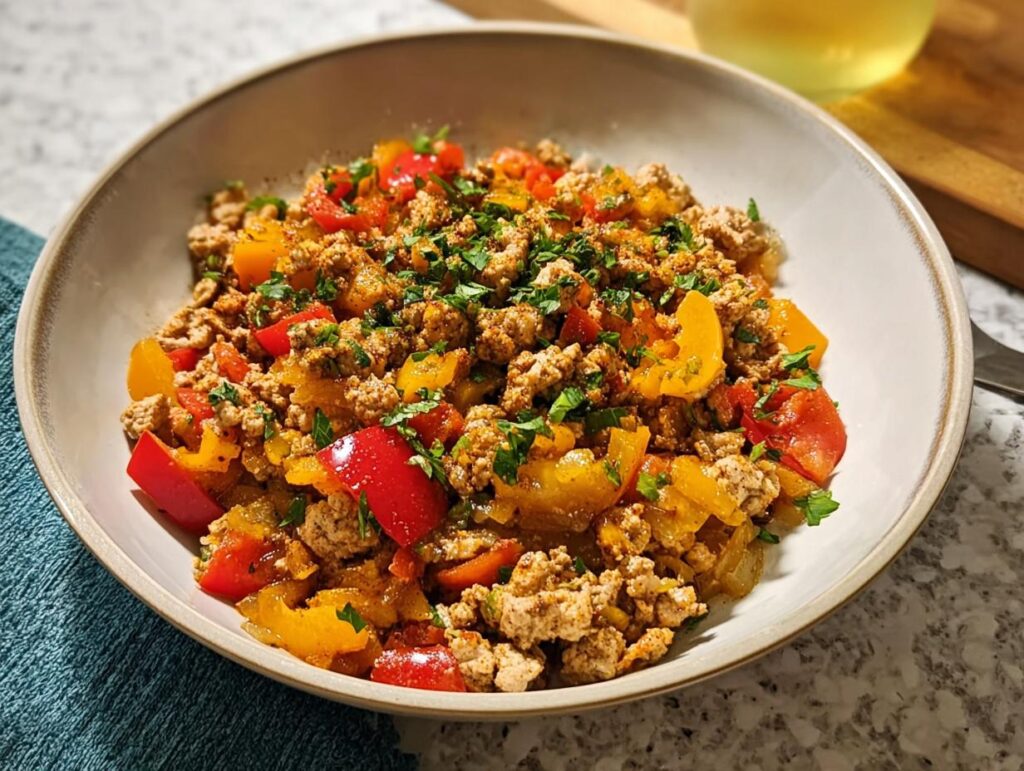 A bowl filled with a colorful Ground Turkey Recipe featuring seasoned ground meat mixed with chopped red and yellow bell peppers, topped with fresh parsley.