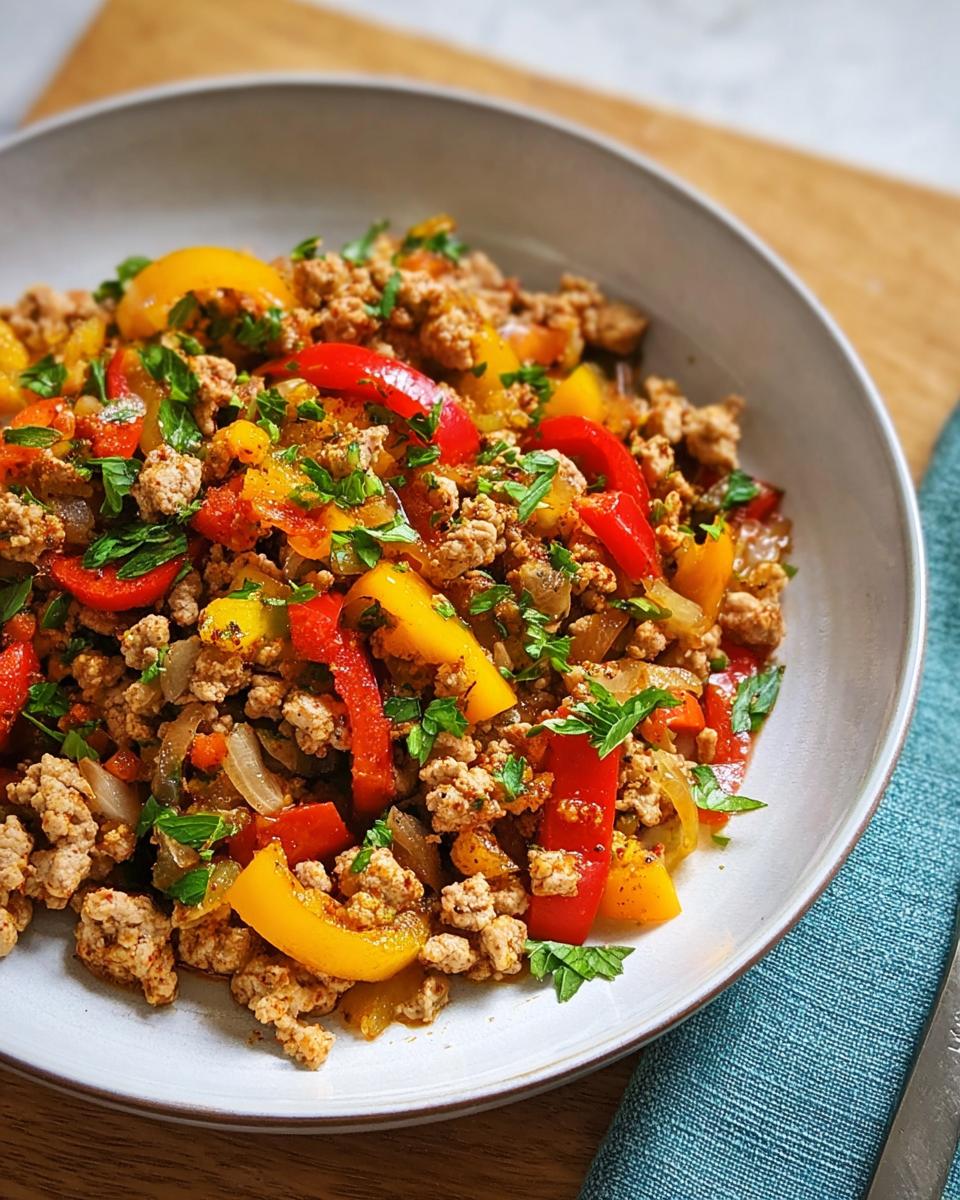 A bowl of flavorful Ground Turkey Recipe mixed with sautéed red and yellow bell peppers and onions, topped with fresh parsley.