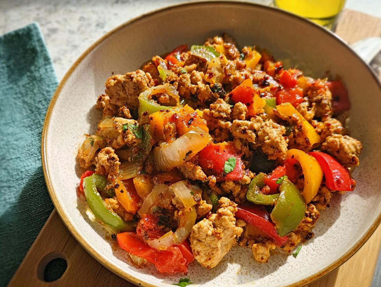 A close-up of a savory skillet dish featuring seasoned ground turkey mixed with colorful sautéed bell peppers and onions.