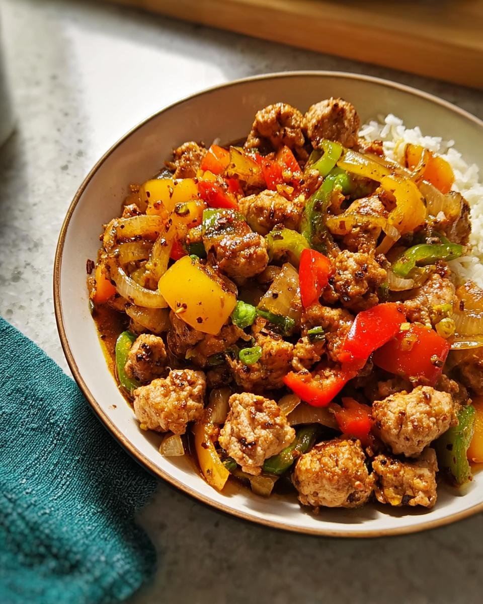 A bowl of ground turkey stir-fry with colorful bell peppers and onions served over white rice, showcasing one of The Best Ground Turkey Recipes.