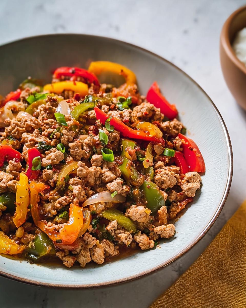 Close-up of a vibrant ground turkey recipe mixed with red, yellow, and green bell peppers, garnished with green onions.