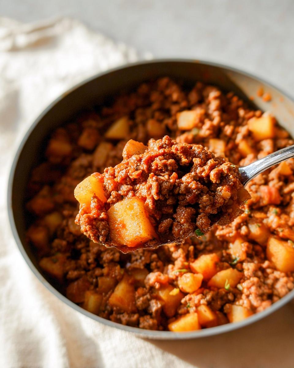 A spoonful of savory Ground Turkey with Potatoes mixture being lifted from a skillet.