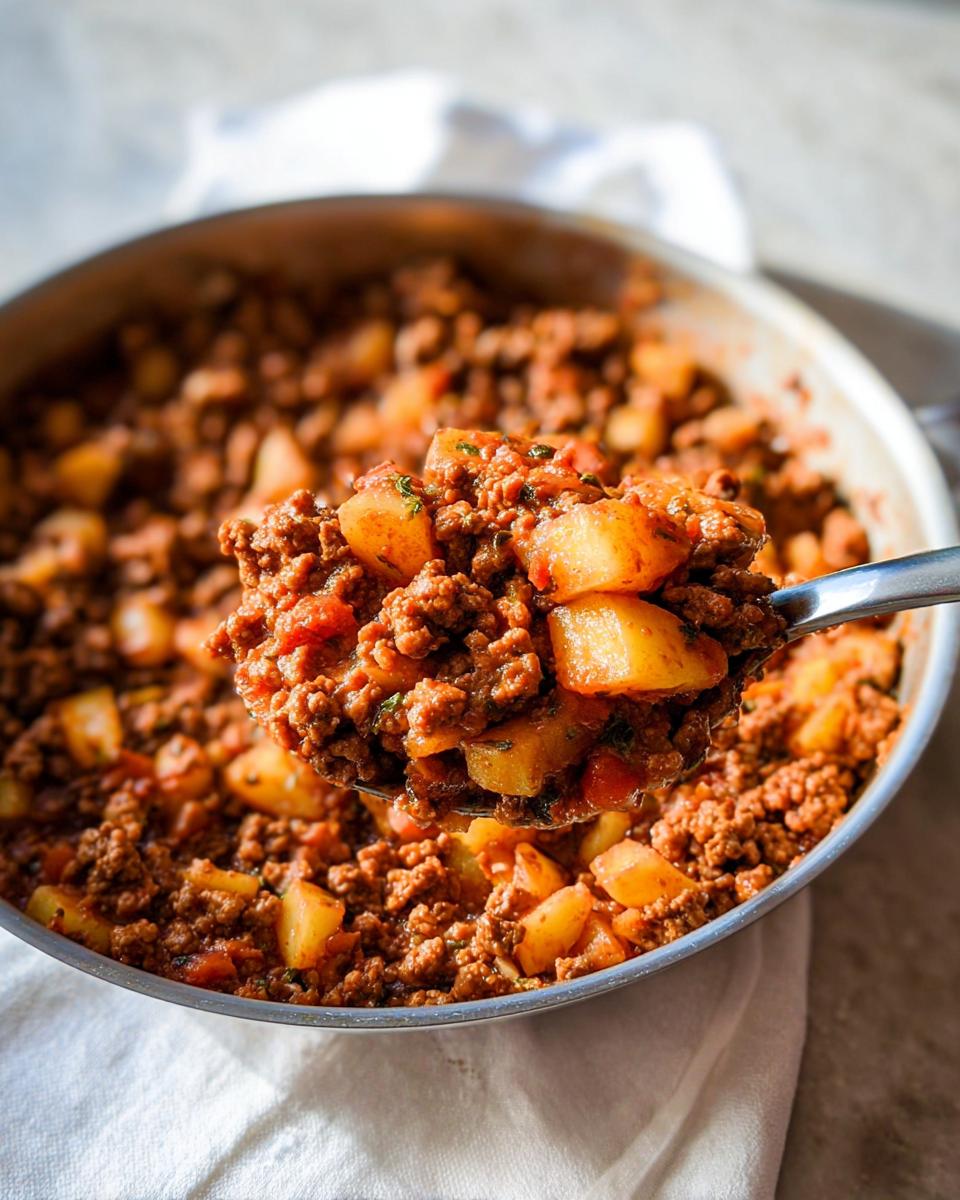 A spoonful of savory ground turkey with potatoes being lifted from a skillet full of the hearty dish.