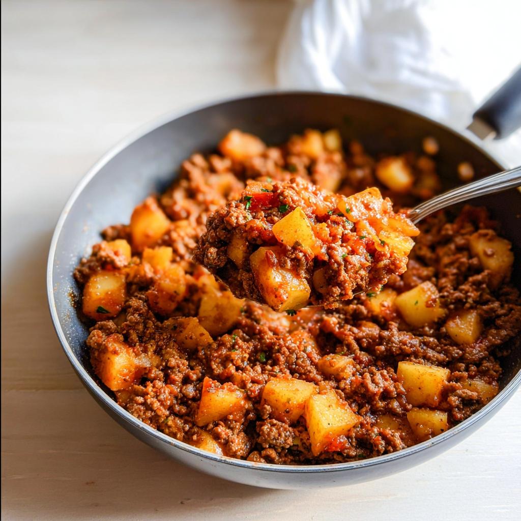 A spoonful of savory Ground Turkey with Potatoes being lifted from a skillet filled with the mixture.