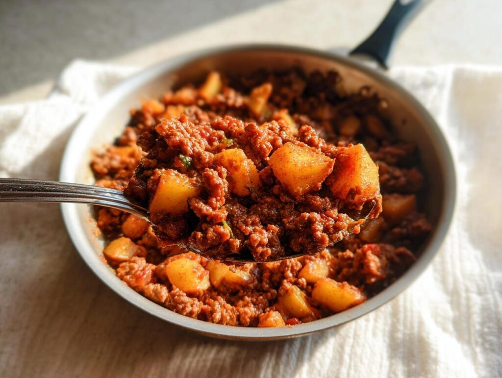 A spoonful of savory Ground Turkey with Potatoes mixture being lifted from a skillet.