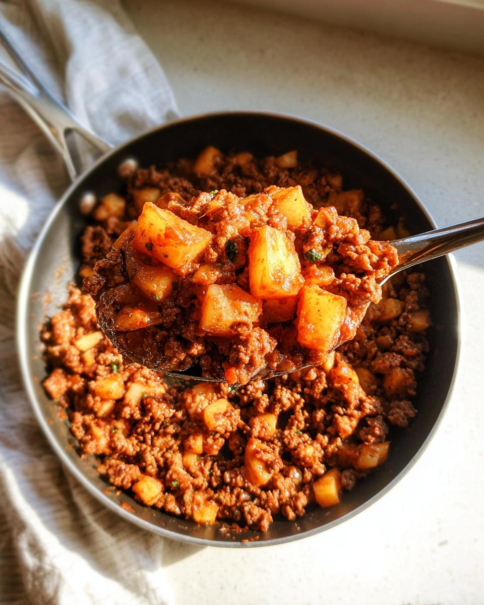 A spoonful of savory Ground Turkey with Potatoes mixture being lifted from a dark skillet.