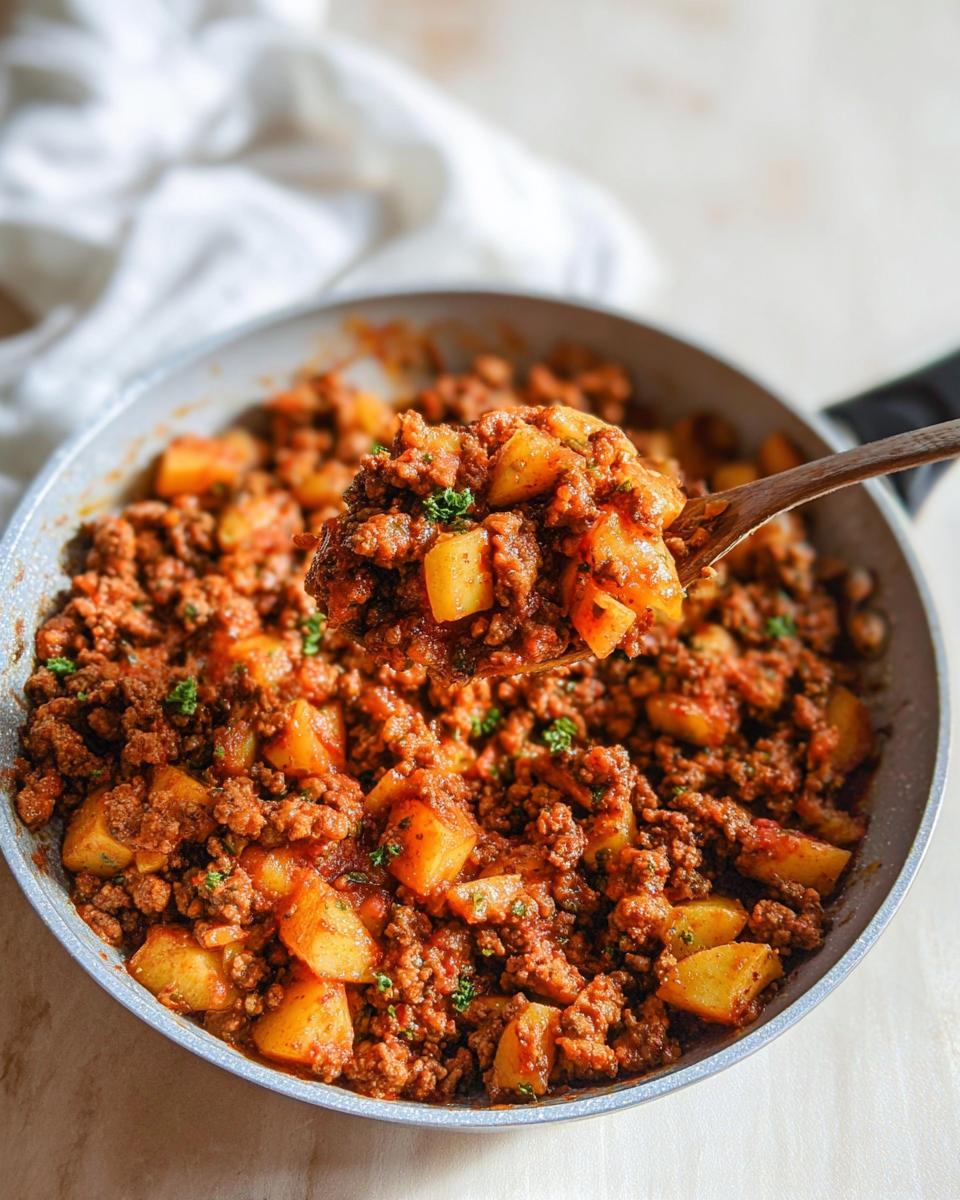 A wooden spoon lifts a scoop of savory Ground Turkey with Potatoes from a skillet.