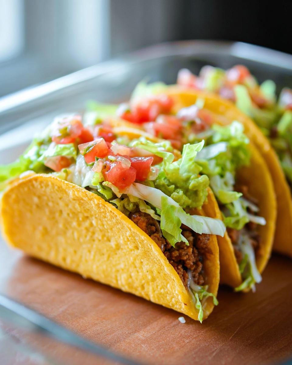 Close-up of three hard shell tacos filled with seasoned ground meat, lettuce, diced tomatoes, and guacamole, perfect for Unique Easy Taco Recipes.