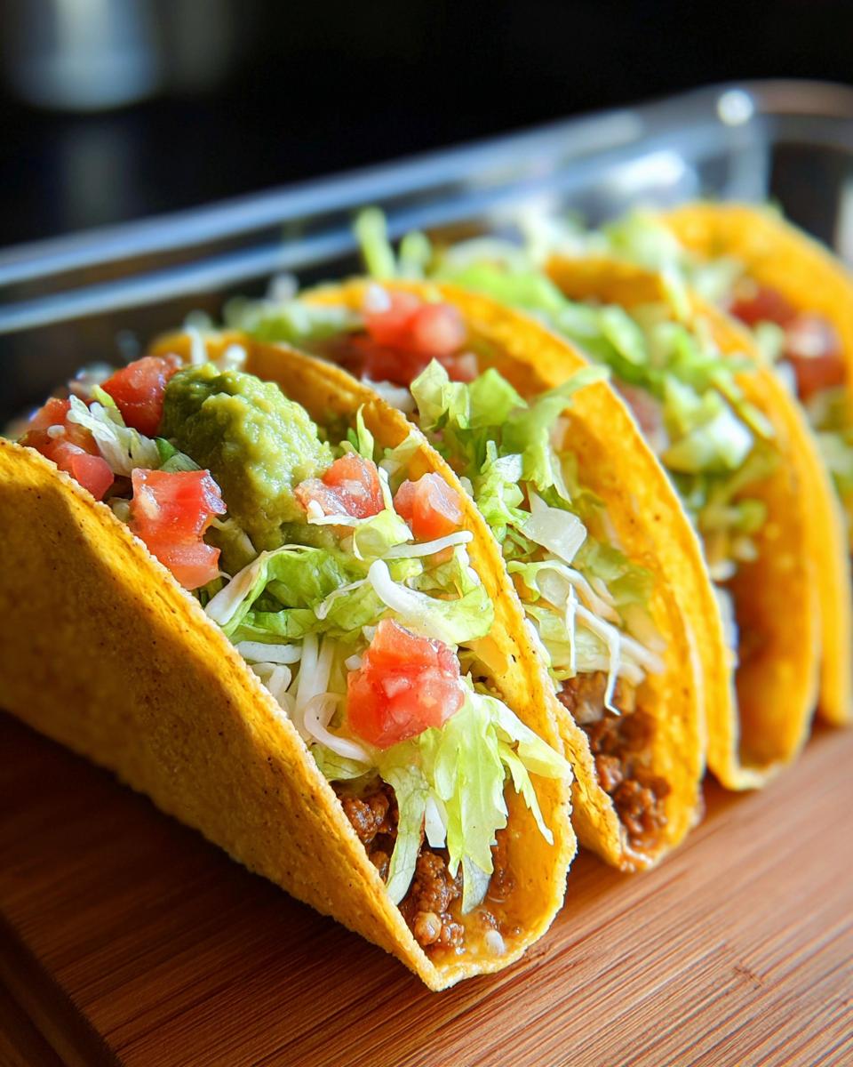 Close-up of several hard-shell tacos filled with seasoned ground beef, lettuce, tomatoes, and guacamole, perfect for Unique Easy Taco Recipes.