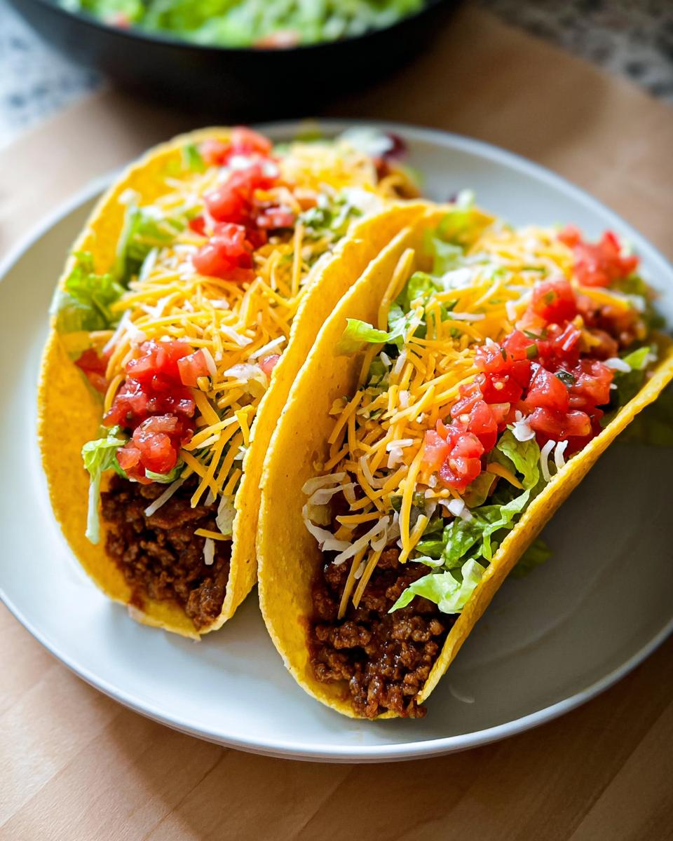 Two classic hard shell tacos filled with seasoned ground beef, lettuce, shredded cheese, and diced tomatoes, ready for Taco Tuesday Recipes.