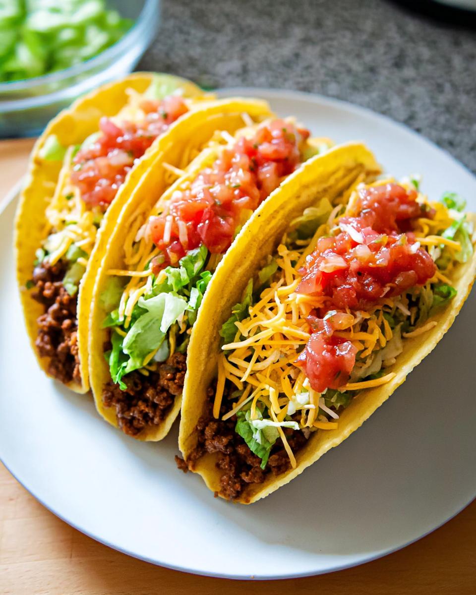 Three fully loaded hard shell tacos featuring seasoned ground beef, lettuce, cheese, and salsa, ready for Taco Tuesday Recipes.