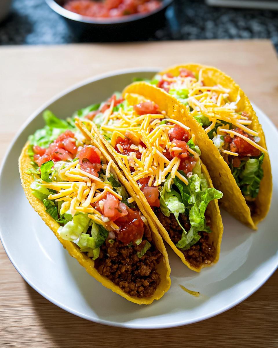 Three fully loaded hard shell tacos filled with seasoned ground beef, lettuce, tomatoes, and shredded cheese for Taco Tuesday Recipes.