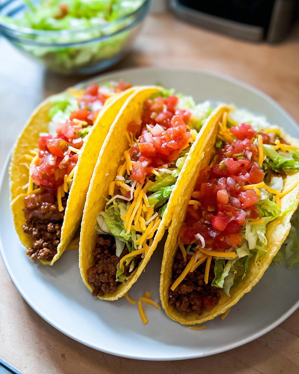 Three hard shell tacos filled with seasoned ground beef, lettuce, cheese, and fresh salsa, perfect for Taco Tuesday Recipes.