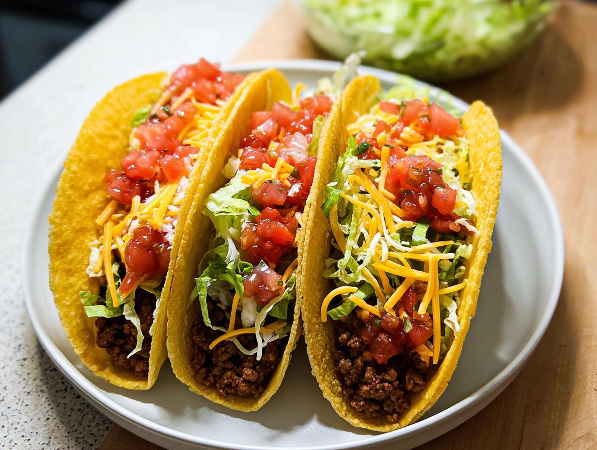 Three fully loaded hard shell tacos featuring seasoned ground beef, shredded lettuce, cheese, and diced tomatoes for Taco Tuesday Recipes.