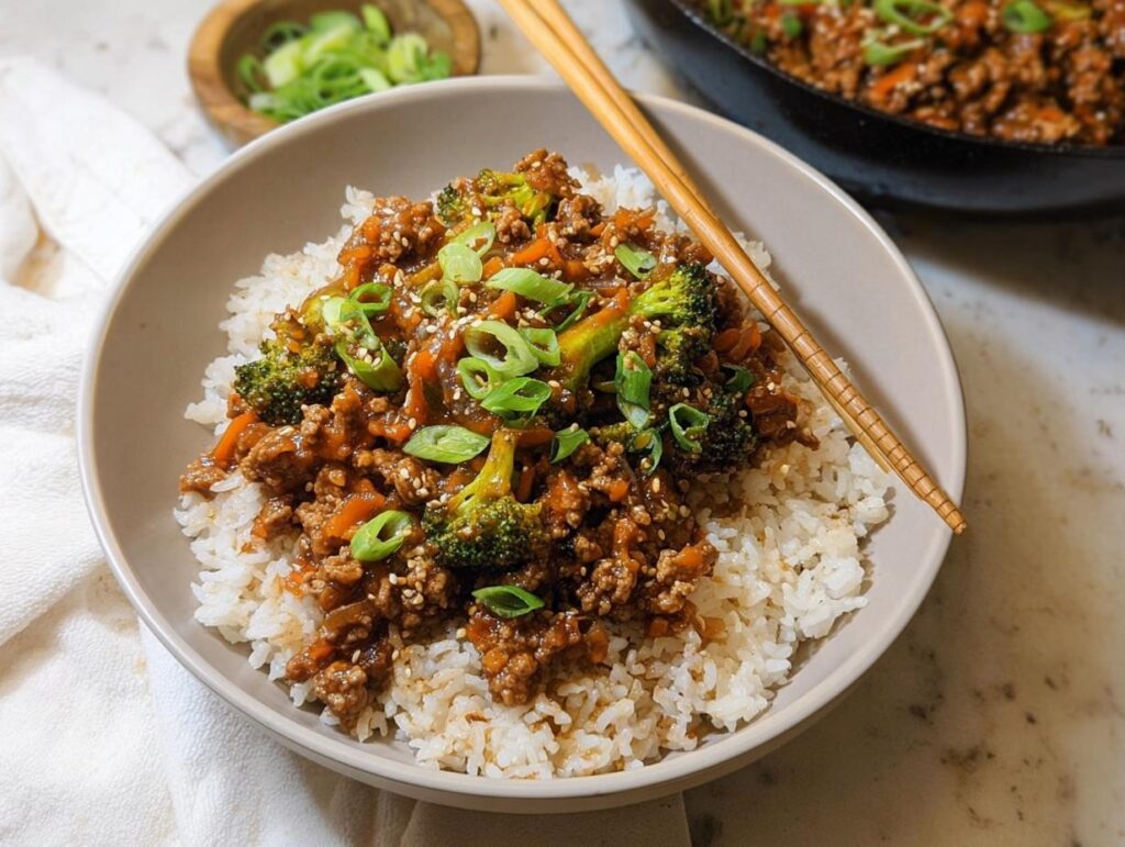A bowl of Healthy College Lunch Ideas: Ground Turkey Teriyaki Stir-Fry served over white rice, garnished with green onions and sesame seeds.