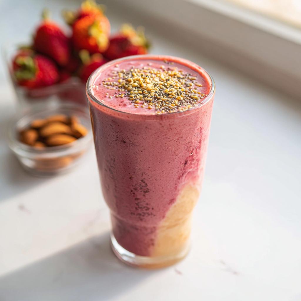 A tall glass containing a layered Healthy Fruit Breakfast Smoothie Recipe, topped with seeds and nuts.