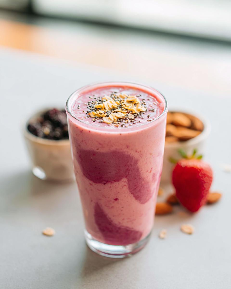 A tall glass of pink, layered Healthy Fruit Breakfast Smoothie Recipe topped with oats and chia seeds.