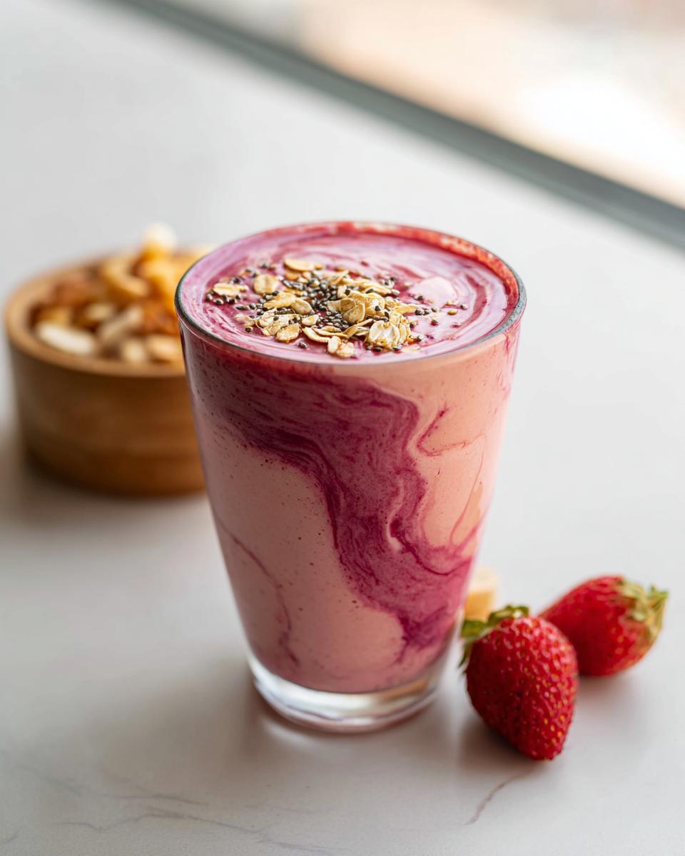 A vibrant pink and purple swirled Healthy Fruit Breakfast Smoothie topped with oats and chia seeds.