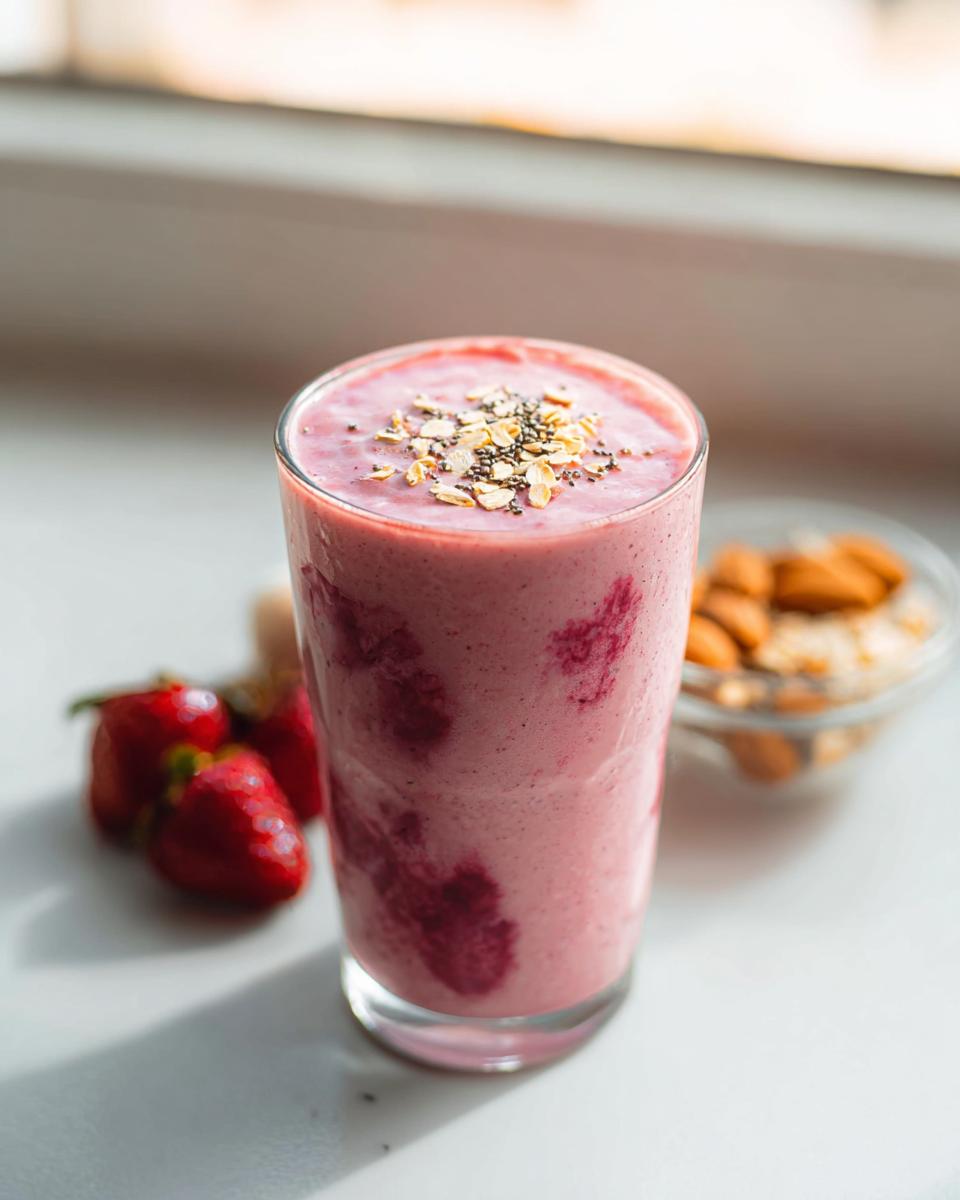 A tall glass of pink Healthy Fruit Breakfast Smoothie topped with oats and chia seeds, next to strawberries.