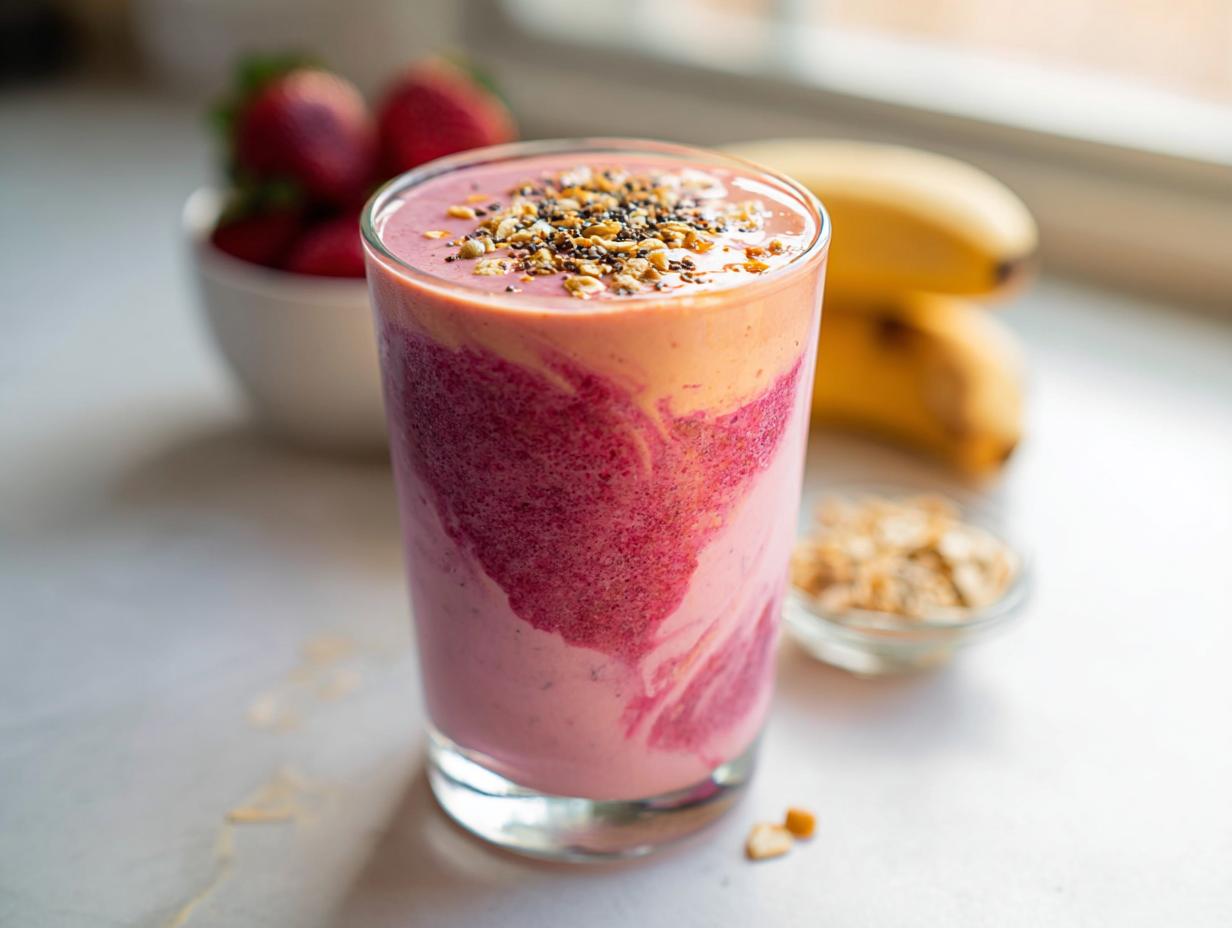 A vibrant, layered Healthy Fruit Breakfast Smoothie topped with seeds and nuts, with bananas and strawberries blurred in the background.