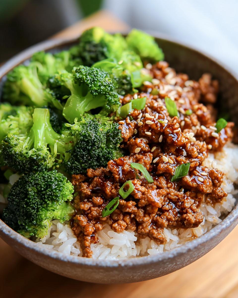 A close-up of a bowl featuring glazed Healthy Honey Garlic Ground Turkey Recipes served over white rice with steamed broccoli.