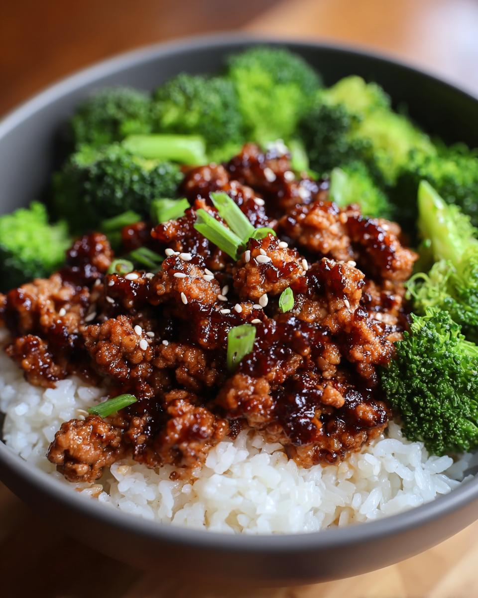 A bowl featuring Healthy Honey Garlic Ground Turkey Recipes served over white rice with steamed broccoli.