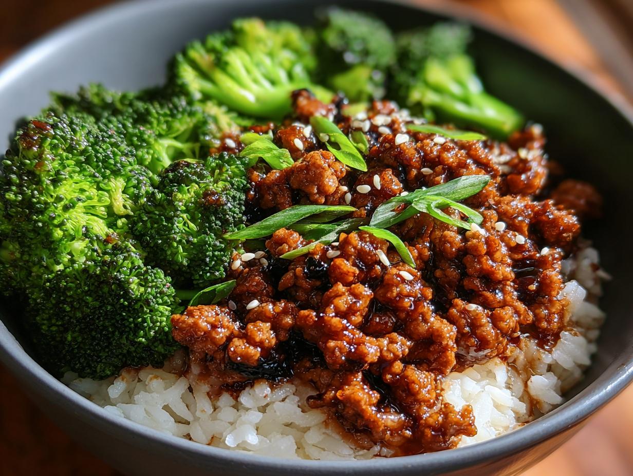Close-up of a bowl featuring Healthy Honey Garlic Ground Turkey Recipes served over white rice with steamed broccoli.
