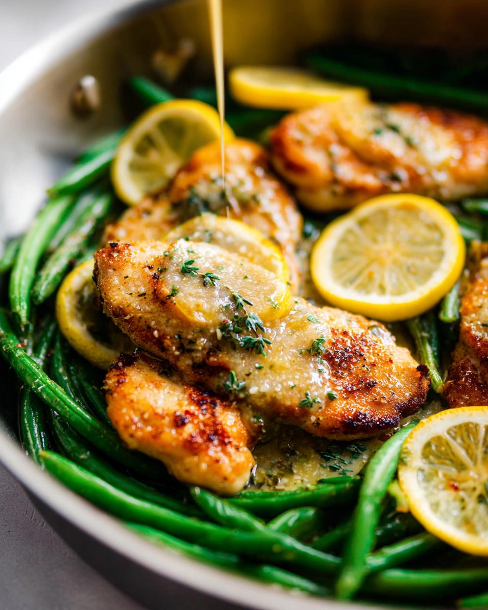 Close-up of Healthy Lemon Garlic Chicken and Vegetable Skillet being drizzled with sauce, served over green beans and lemon slices.