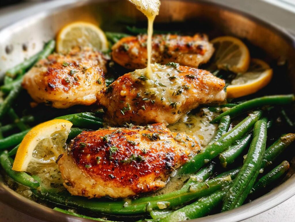 Close-up of seared Healthy Lemon Garlic Chicken and Vegetable Skillet being drizzled with sauce.