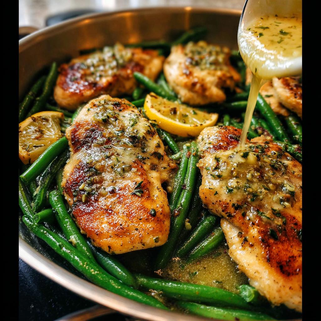 Close-up of seared chicken breasts over green beans being drizzled with lemon garlic sauce, part of a Healthy Lemon Garlic Chicken and Vegetable Skillet.