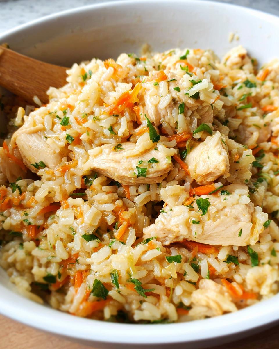 Close-up of a white bowl filled with Healthy One Pot Chicken and Brown Rice, mixed with shredded carrots and parsley.