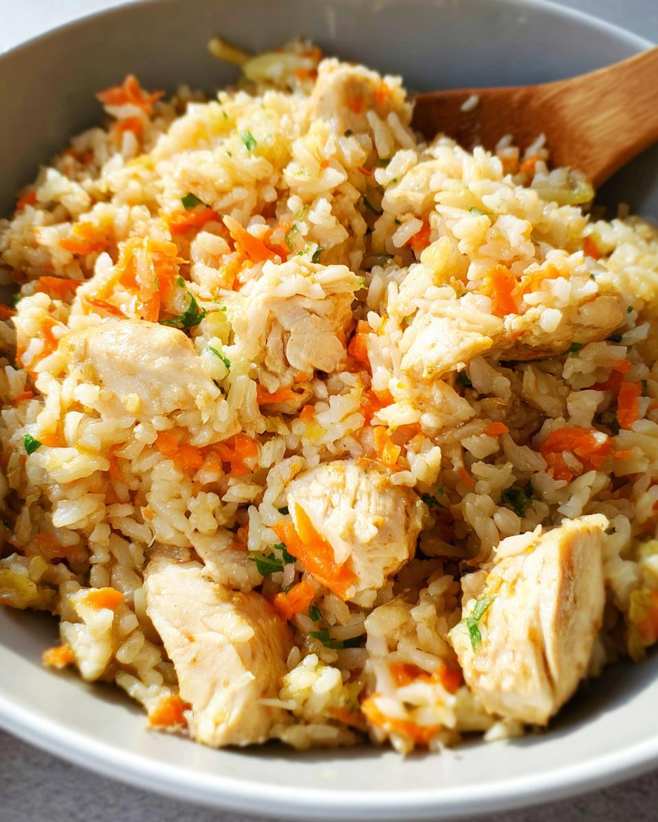 Close-up of a bowl filled with Healthy One Pot Chicken and Brown Rice mixed with shredded carrots and herbs.