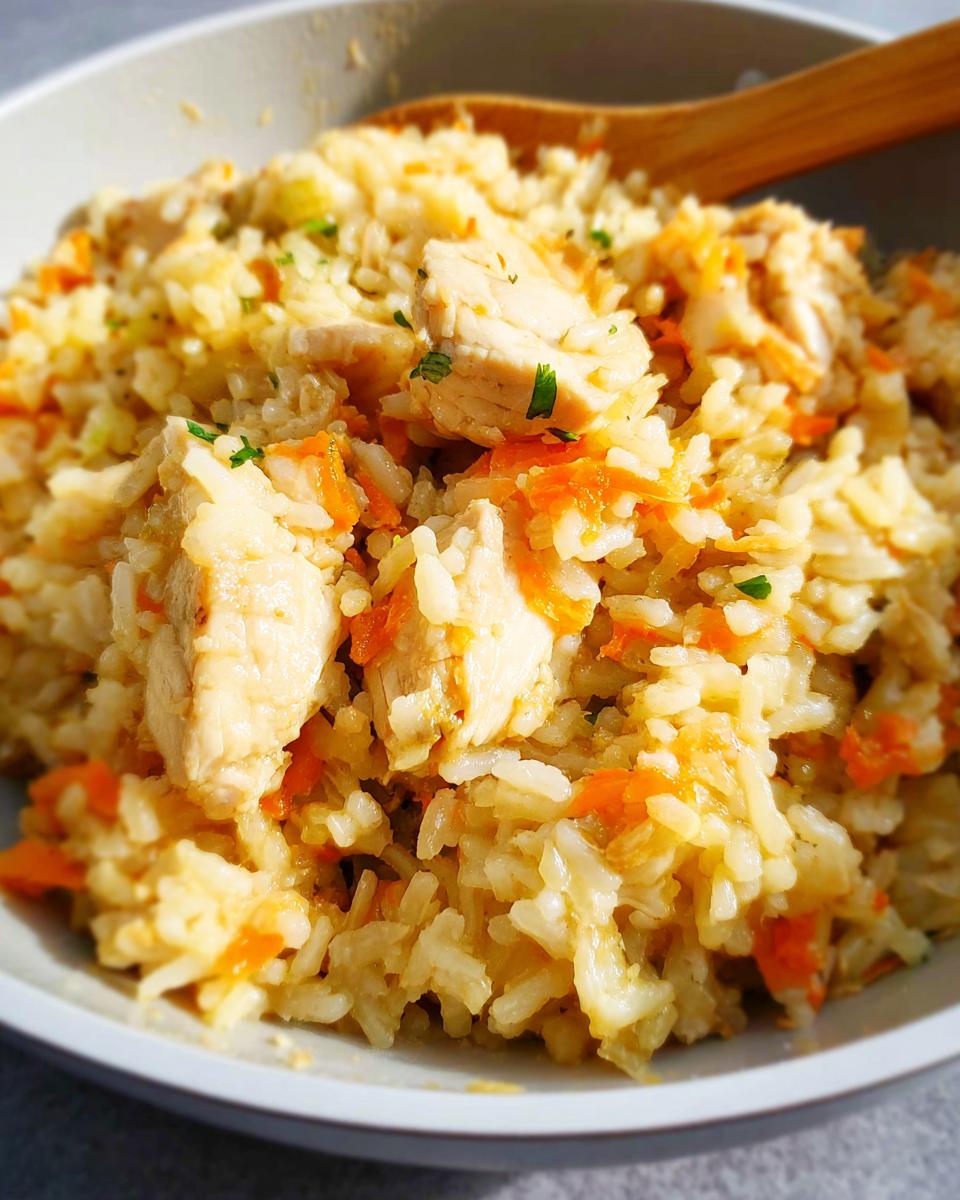 Close-up of a bowl of Healthy One Pot Chicken and Brown Rice mixed with shredded carrots and garnished with parsley.