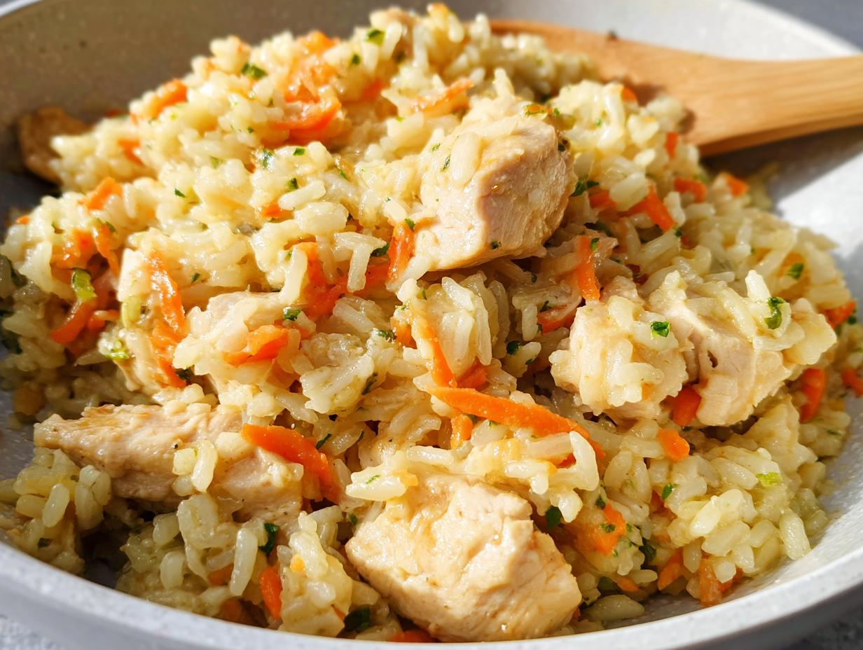 A close-up view of a bowl filled with Healthy One Pot Chicken and Brown Rice mixed with shredded carrots and herbs.