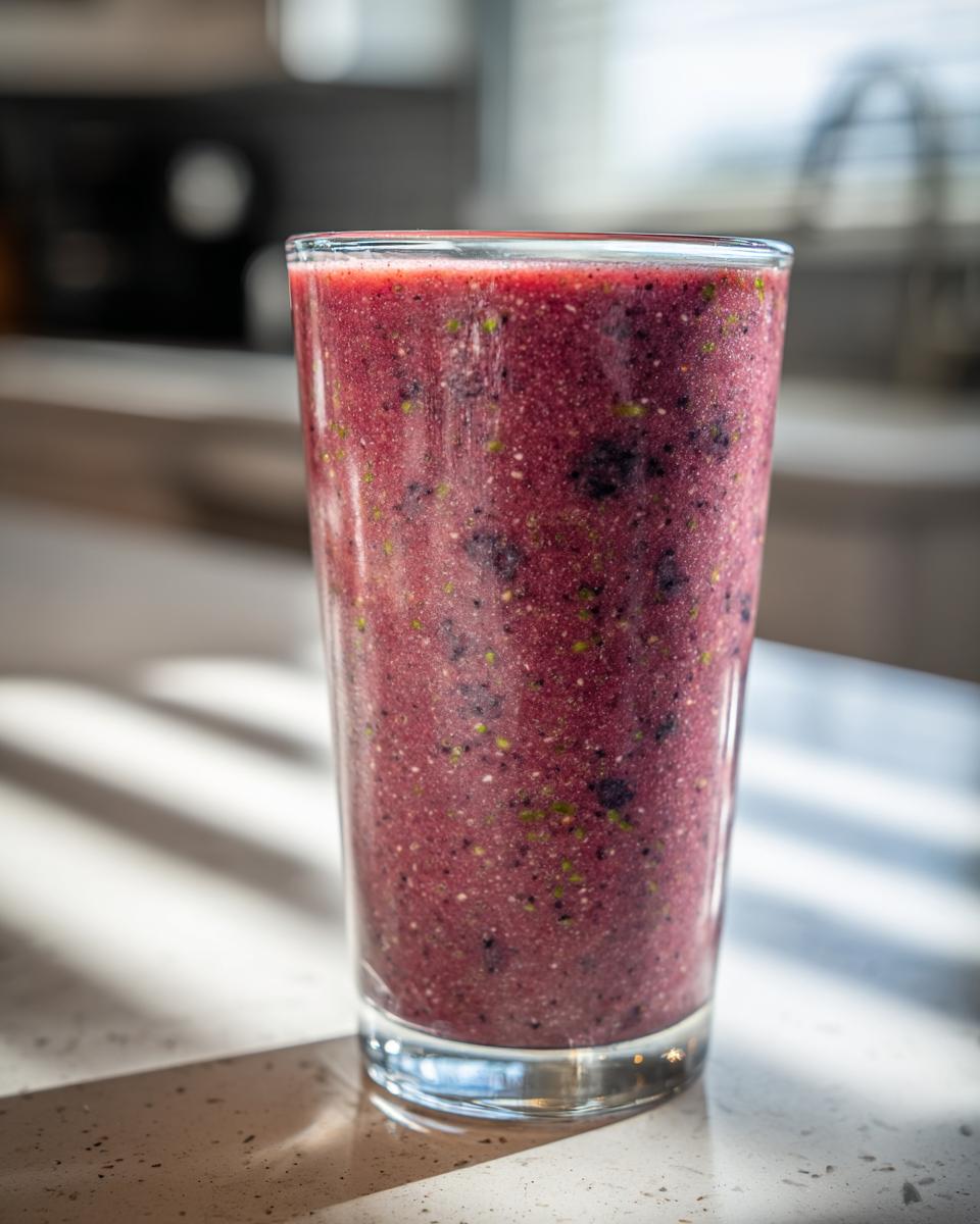 Close-up of a tall glass filled with a thick, deep purple berry smoothie, perfect for any healthy smoothie recipe.