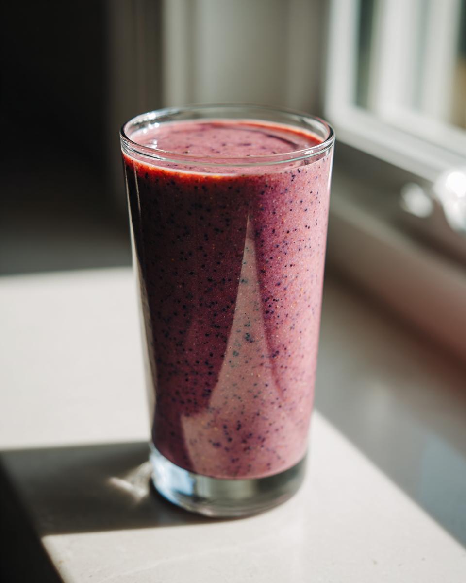 A tall glass filled with a thick, purple berry smoothie, sitting on a bright windowsill.
